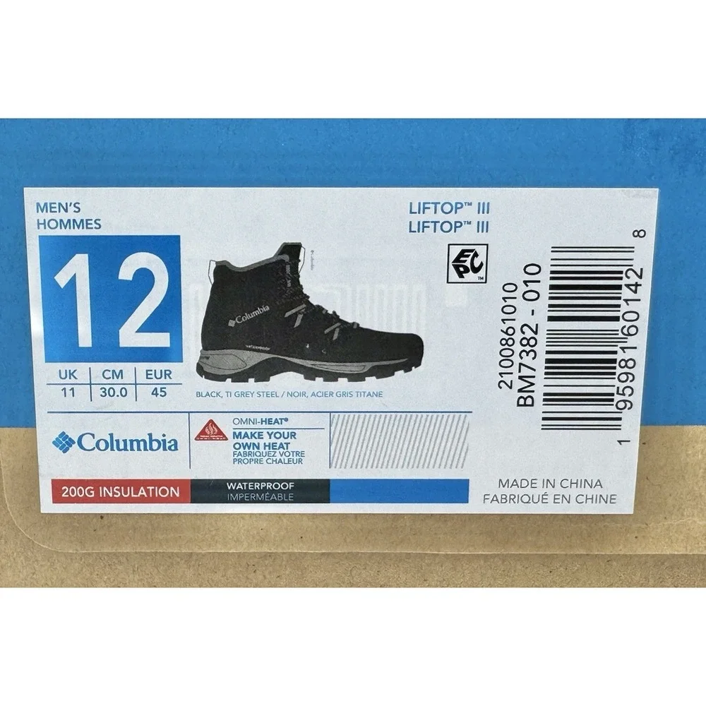 Columbia‎ Liftop III Men's Size 12 Waterproof Hiking Boots Omni Heat Black